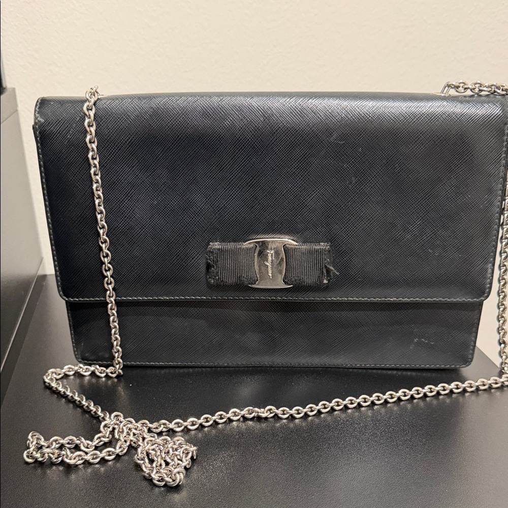 Salvatore Ferragamo Black Leather Bag with Silver Chain